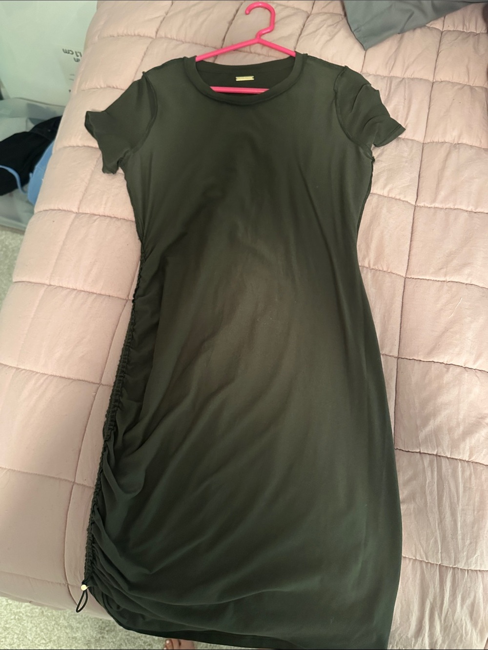 Michael Kors Olive Short Sleeve Side-Ruched Midi Dress